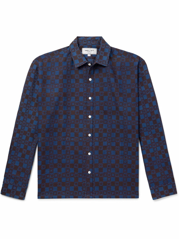 Photo: Small Talk - Spread-Collar Gingham Cotton and Linen-Blend Shirt - Blue