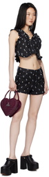 Anna Sui Black Embroidered Roses Denim Shorts