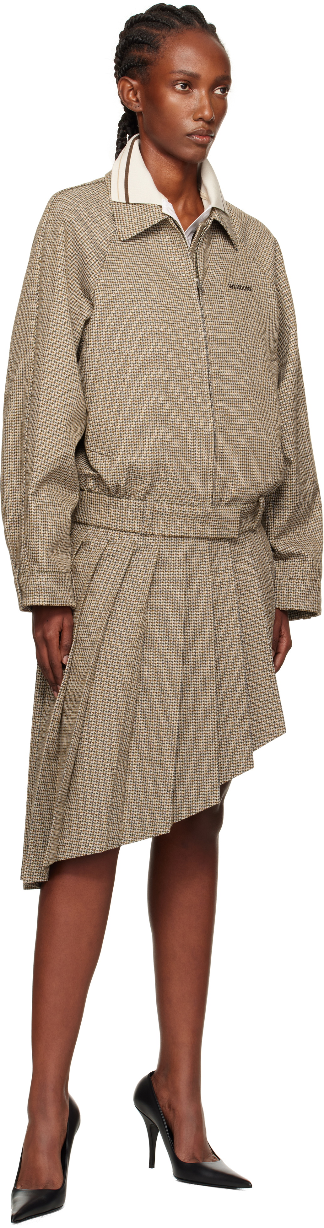 We11done Beige Asymmetric Checked Midi Skirt