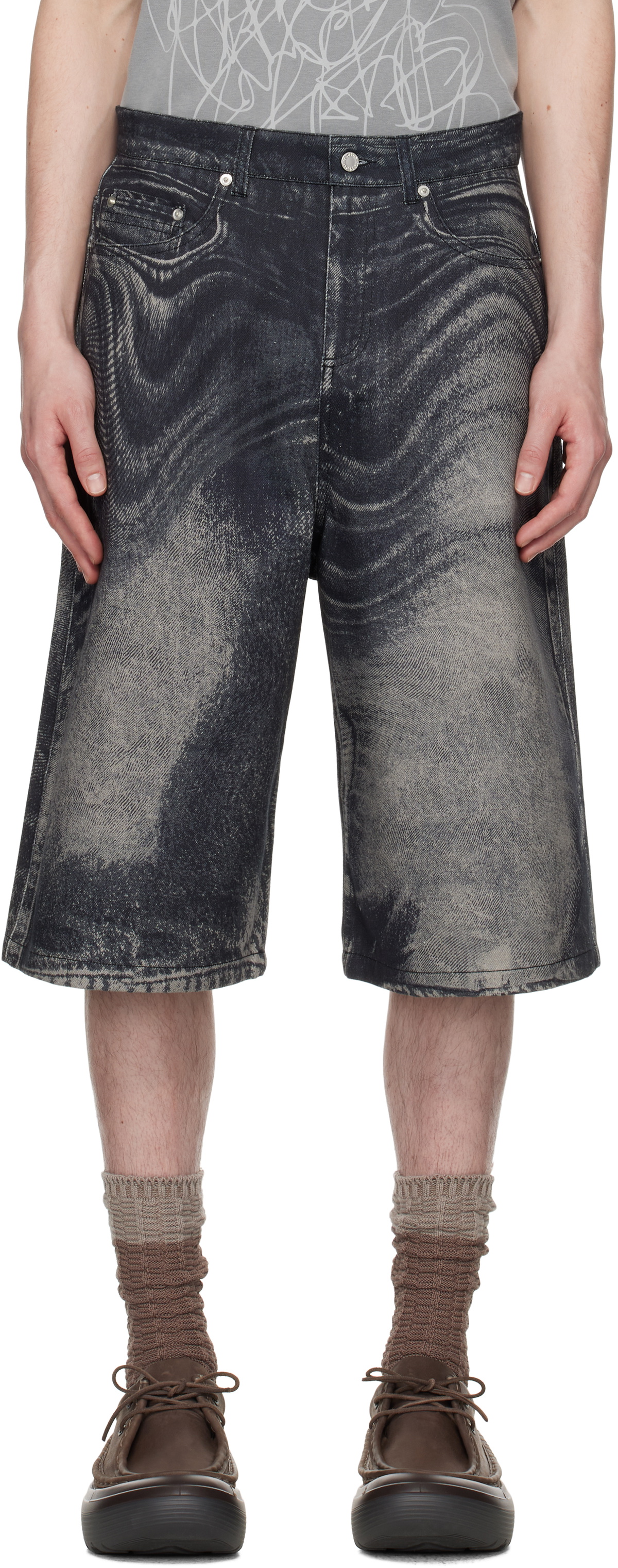 CAMPERLAB Distorted Print デニムショートパンツ CAMPERLAB Black & Gray Distorted Print Denim Shorts CamperLab