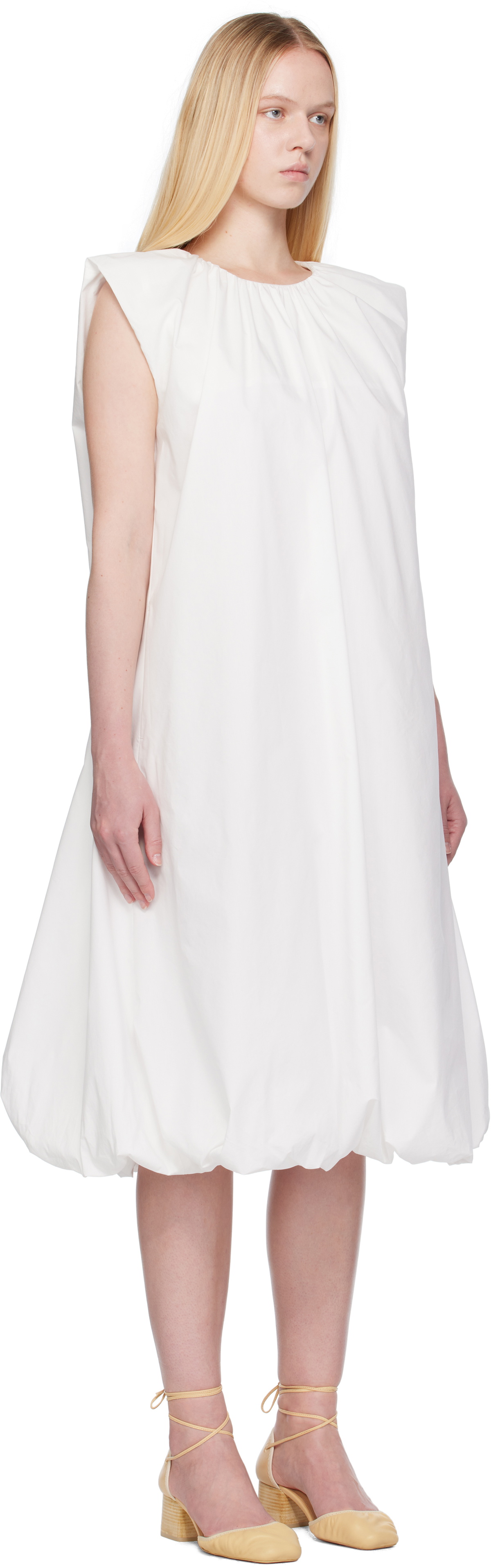 AMOMENTO White Cotton Volume Shirring Minidress
