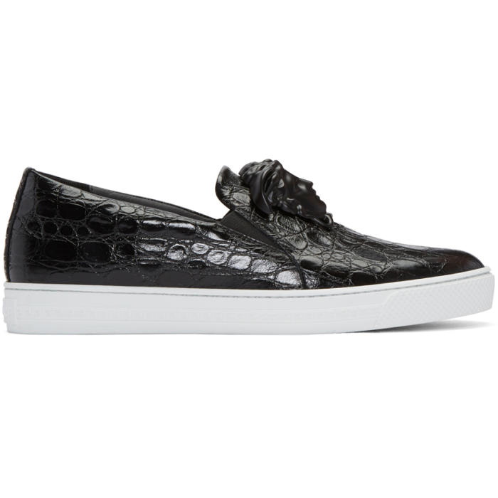 Photo: Versace Black Croc-Embossed Medusa Slip-On Sneakers