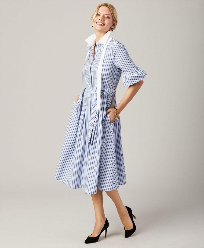Photo: Brooks Brothers Women's Striped Bell-Sleeve Shirt Dress | Blue