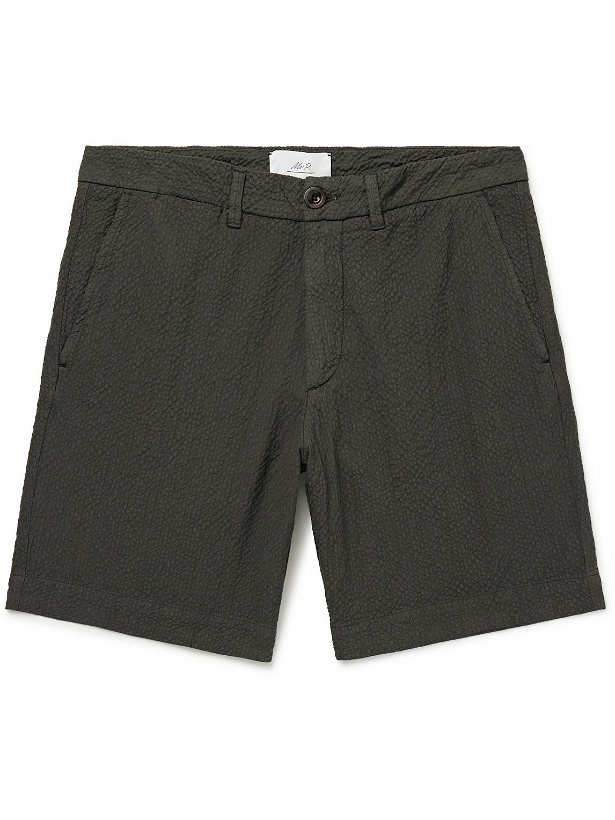 Photo: Mr P. - Slim-Fit Straight-Leg Stretch-Organic Cotton Seersucker Shorts - Brown