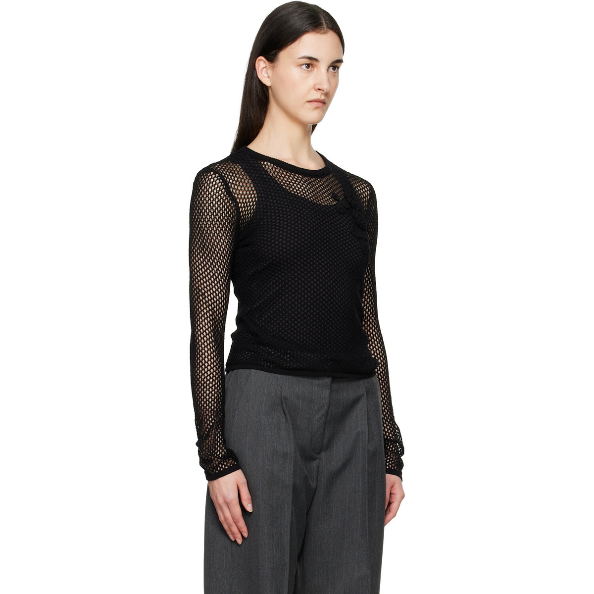 GANNI Black Mercerized Cotton Mesh Pointelle Longsleeve T-shirt