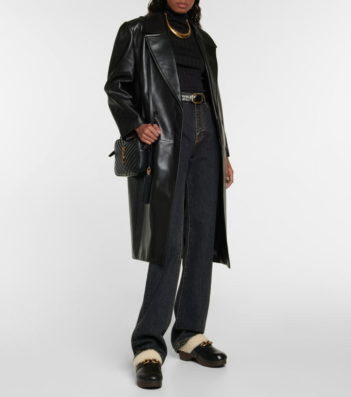 Saint Laurent - Le Maillon leather and shearling clogs Saint