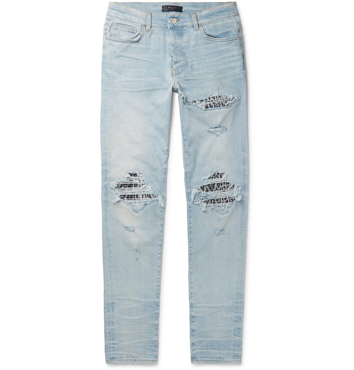 Photo: AMIRI - MX1 Skinny-Fit Panelled Distressed Stretch-Denim Jeans - Blue