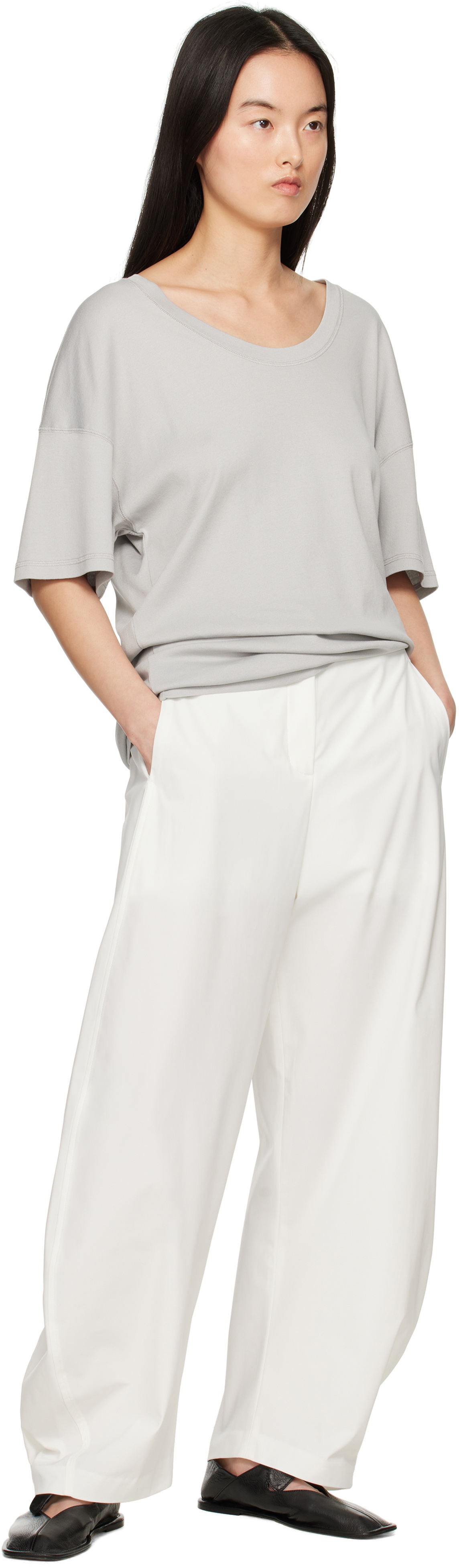 AMOMENTO White Curved Silhouette Trousers