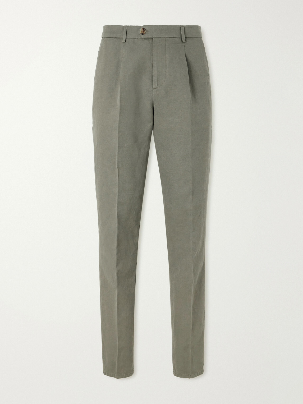 Brunello Cucinelli - Straight-Leg Pleated Cotton and Linen-Blend Trousers - Green