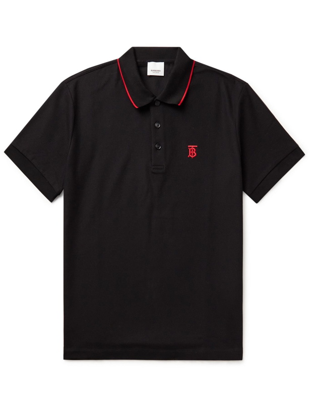 Photo: BURBERRY - Slim-Fit Logo-Embroidered Cotton-Piqué Polo Shirt - Black