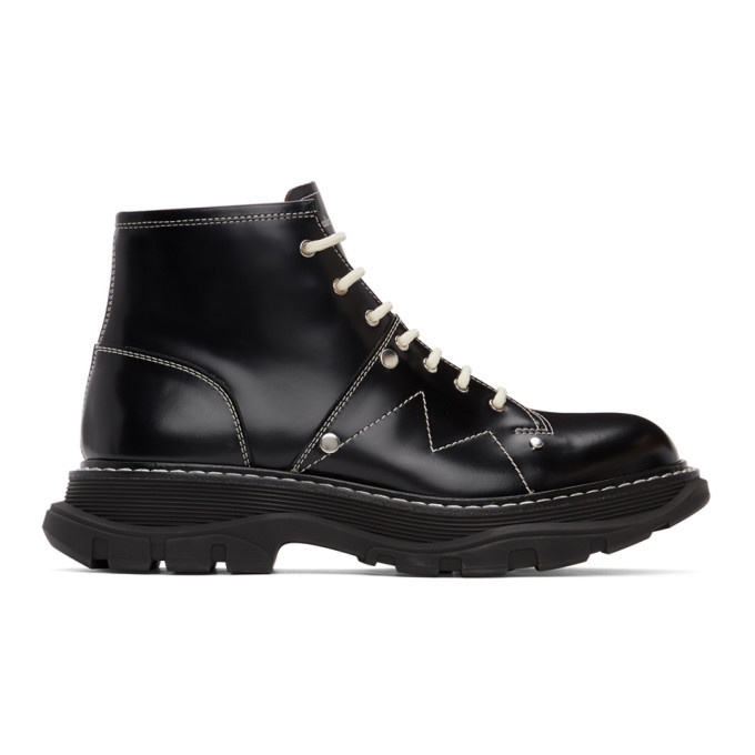 Photo: Alexander McQueen Black Contrast Stitch Tread Lace-Up Boots