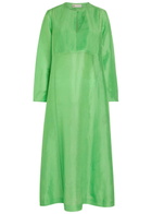 Tory Burch Pleated Linen and Silk-blend Midi Kaftan Dress Bright Green