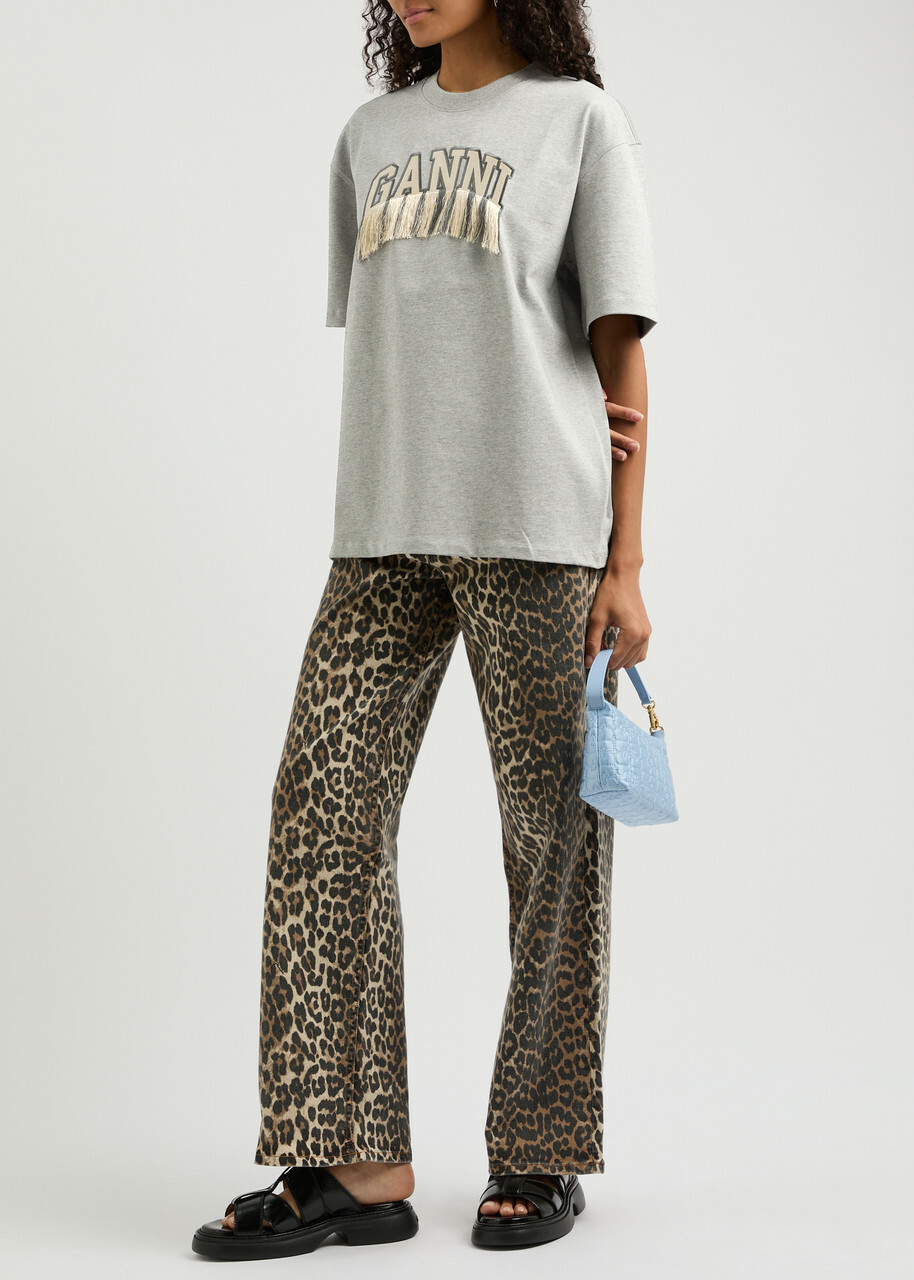 Ganni Logo Fringed Cotton T-shirt Grey GANNI