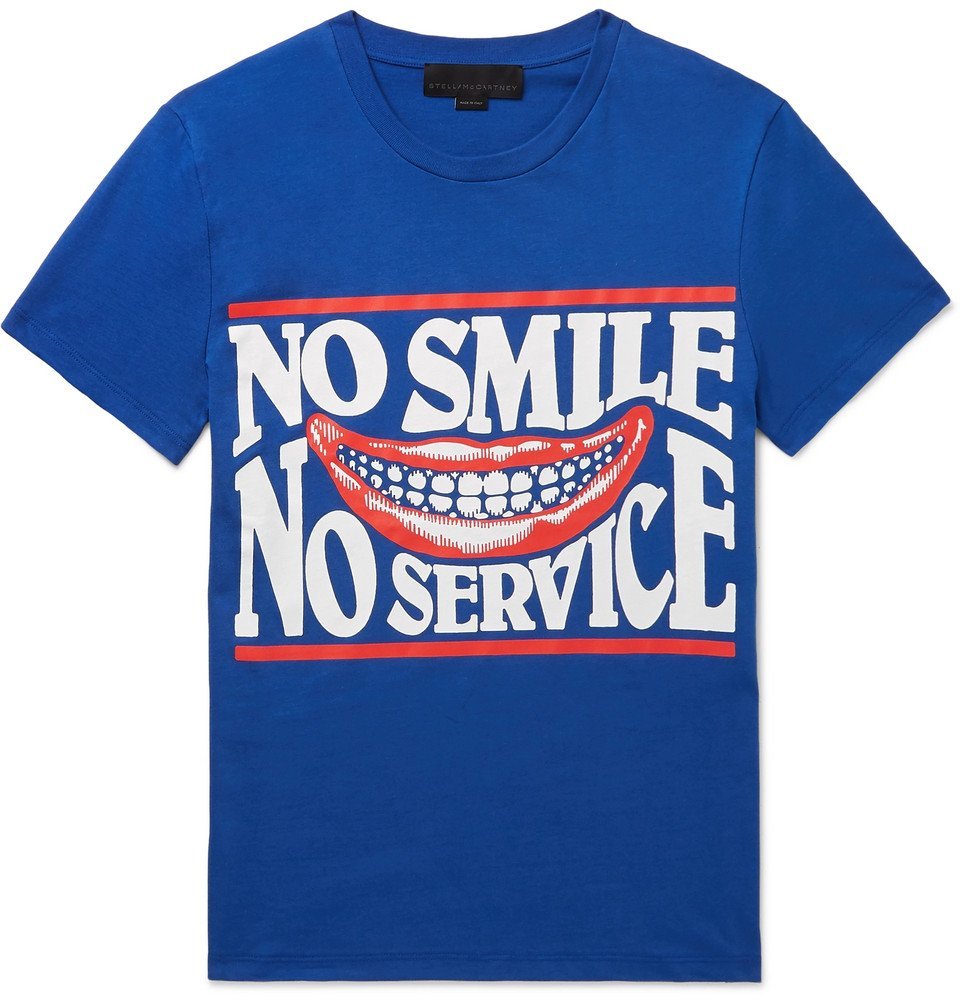 Stella McCartney yellow graphic popular No Smile No Service t-shirt with smile patch