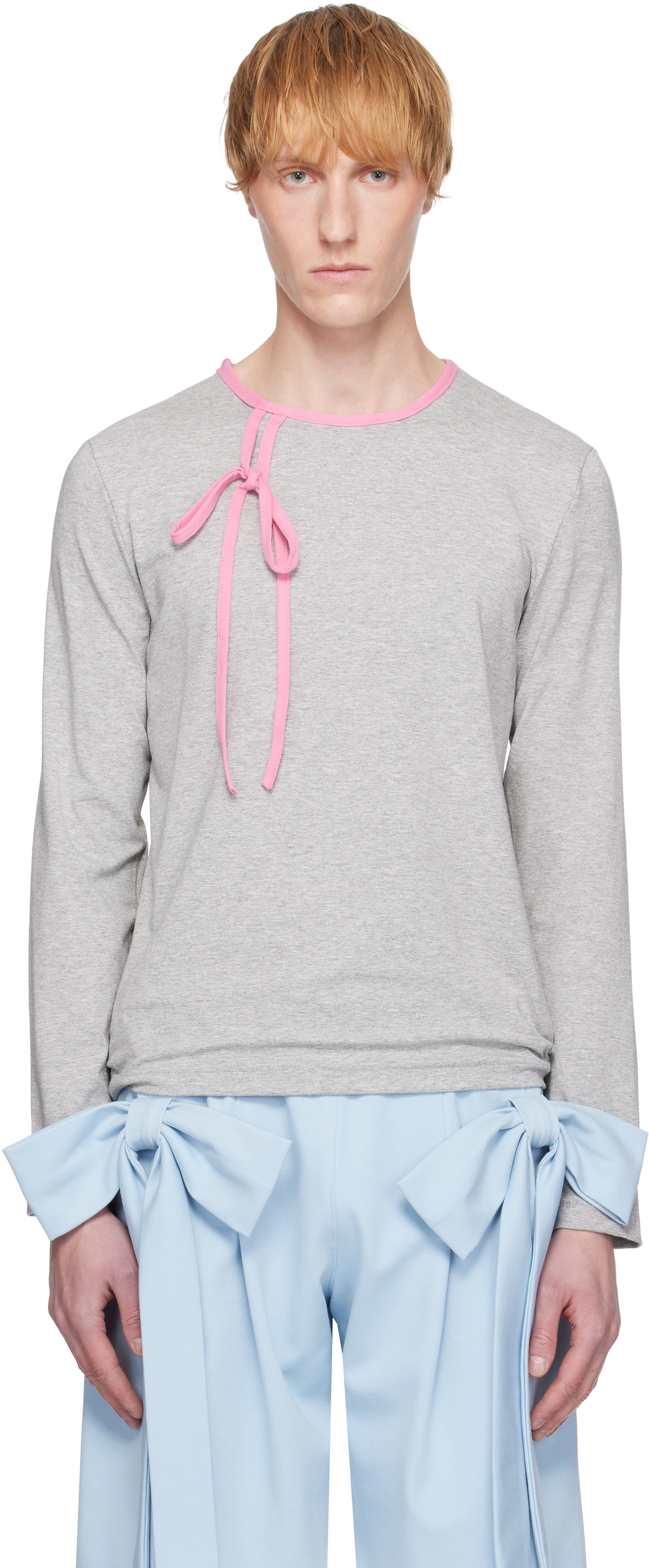 ANDREJ GRONAU Gray & Pink Bow Piping Jersey Top