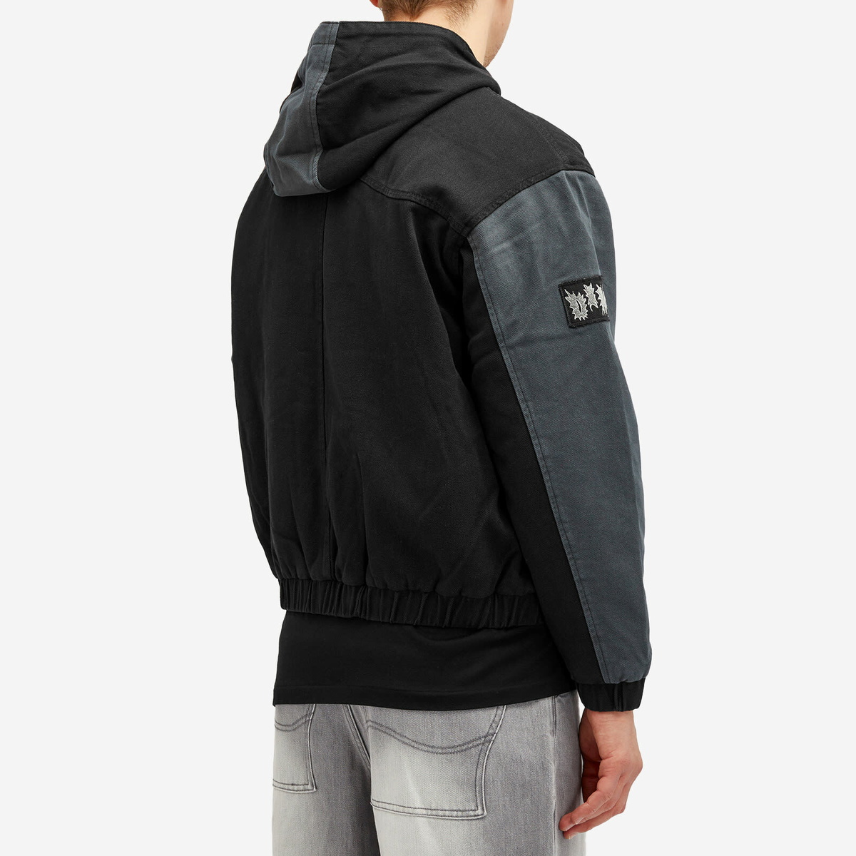 Dime Men's Denim Panel Hooded Bomber Jacket in Charcoal Dime