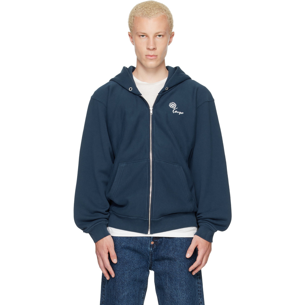 Kenzo Navy Kenzo Paris 'KENZO Tulip' Embroidered Zip Up Hoodie