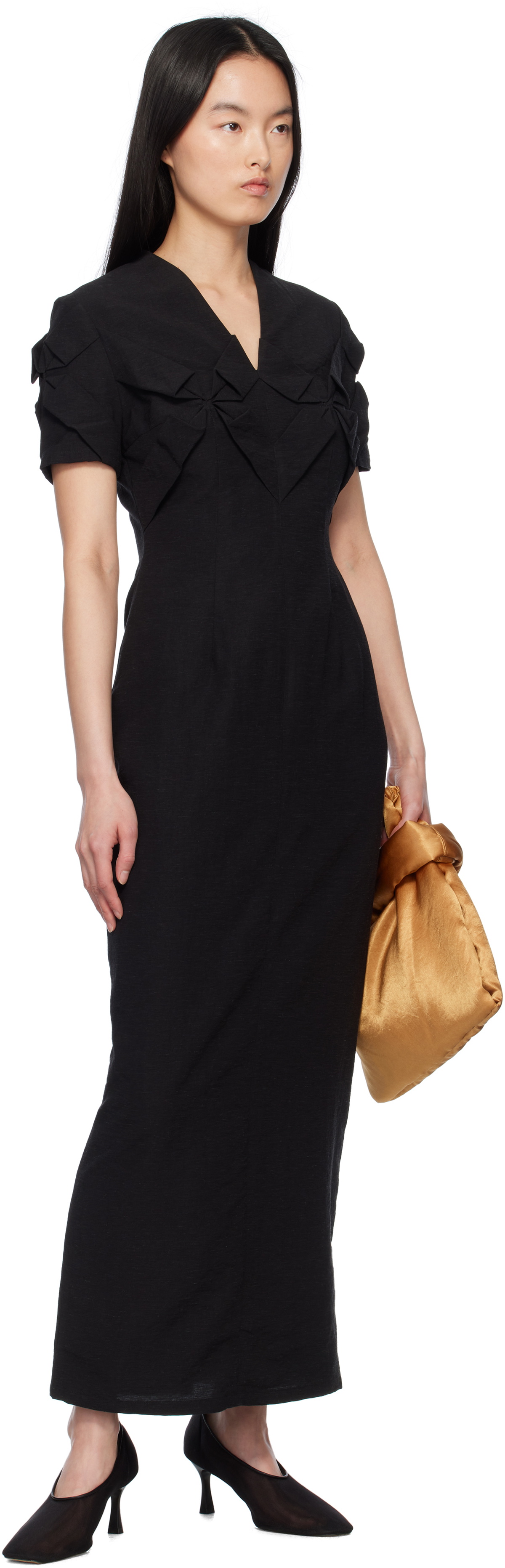 J.Kim Black Smocked Flower Midi Dress