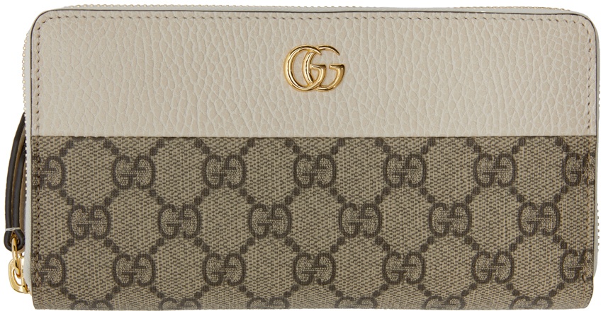 Gucci Beige & White GG Marmont Zip Around Wallet Gucci