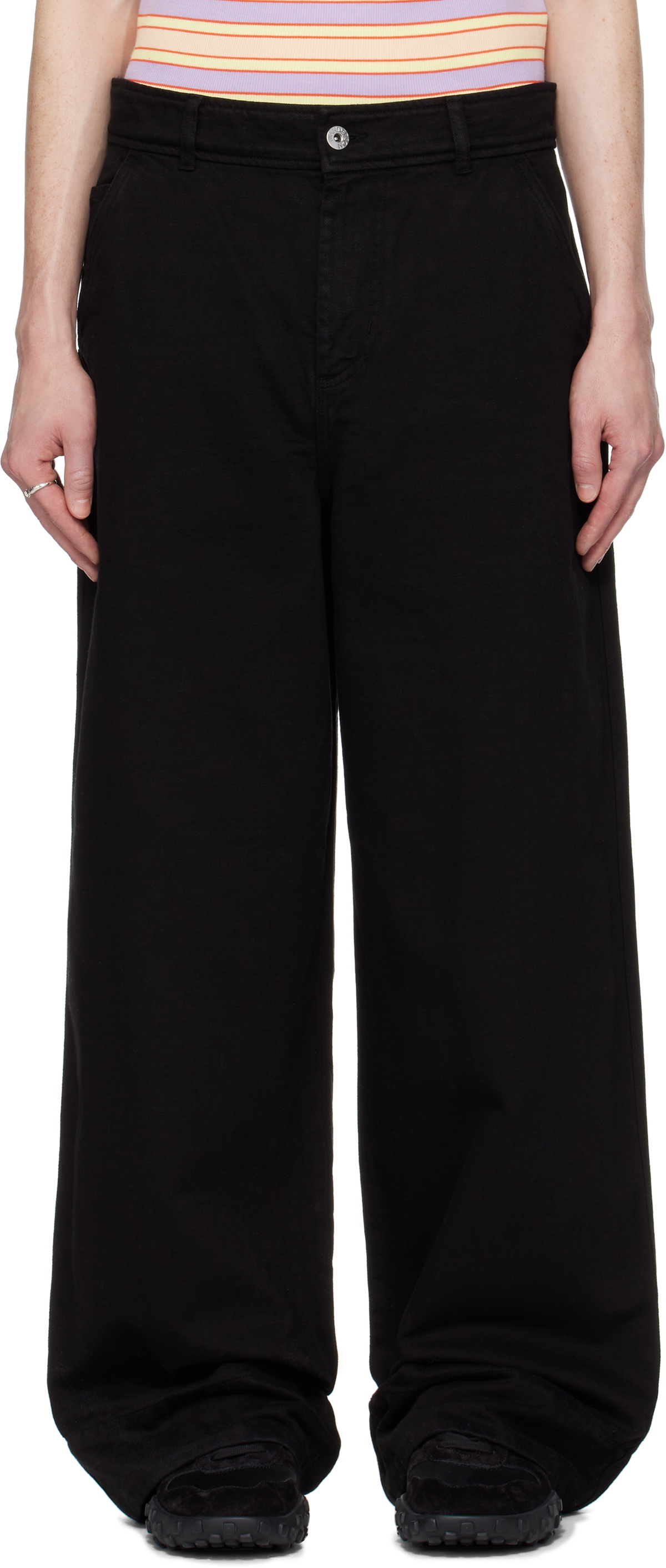 Men’s Black Leather High-Waist Button Pants – Wide-Leg Statement Trousers