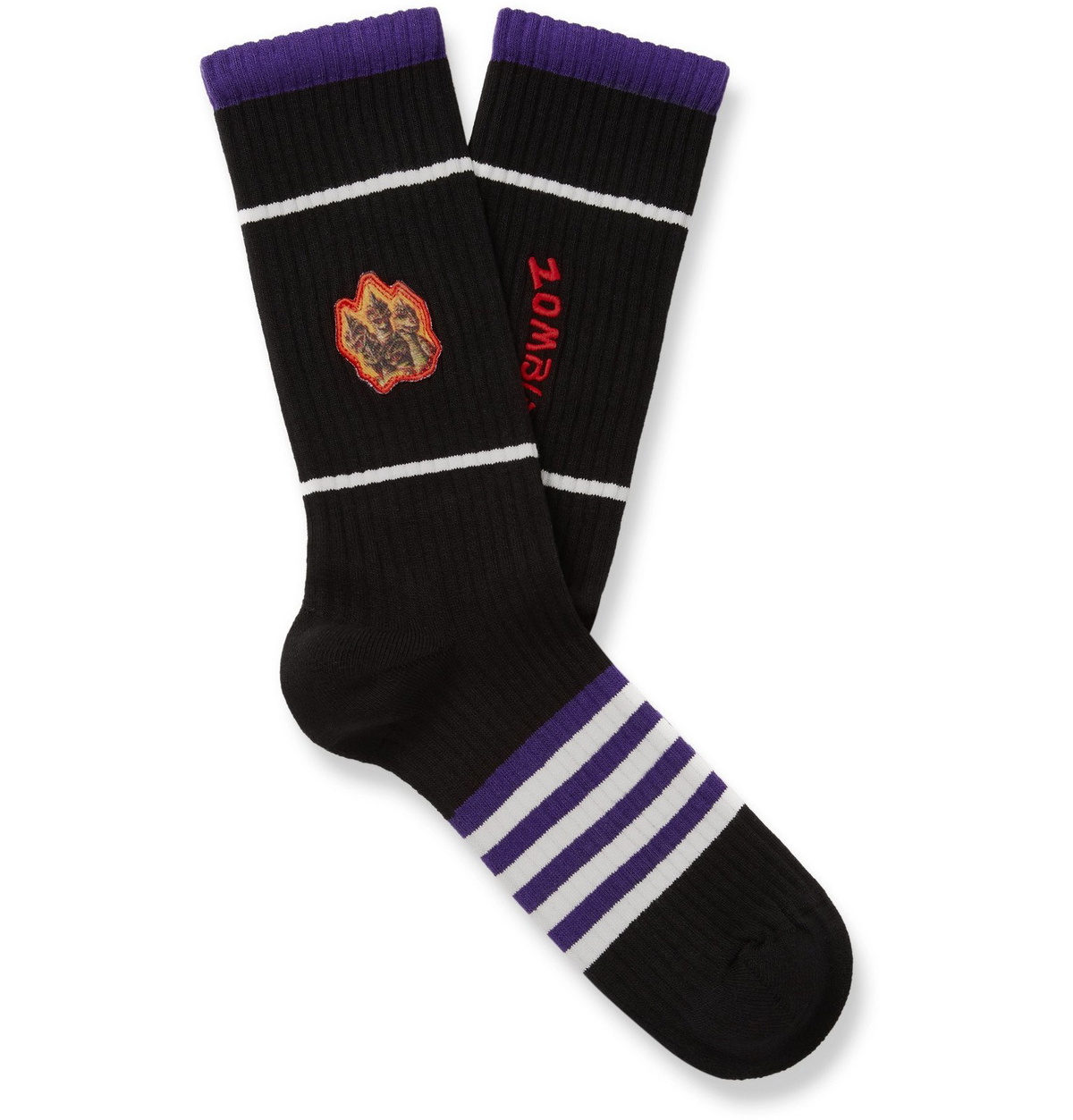 Acne Studios - Monster in My Pocket Appliquéd Striped Stretch Cotton-Blend Socks - Black