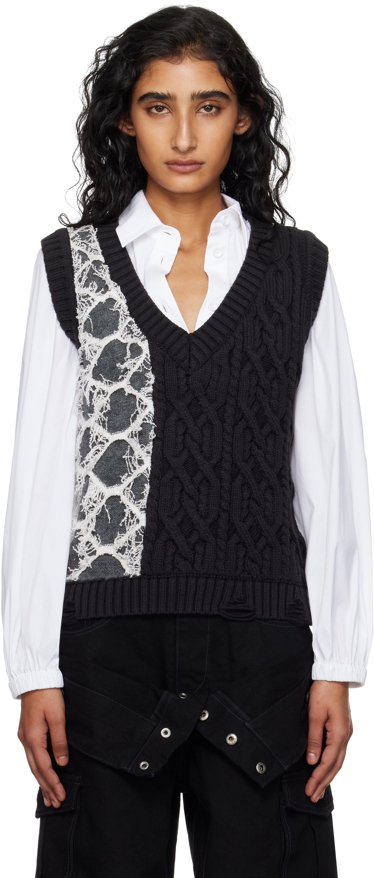 Andersson Bell Black & Gray Boucle Cable Patchwork Knit Vest