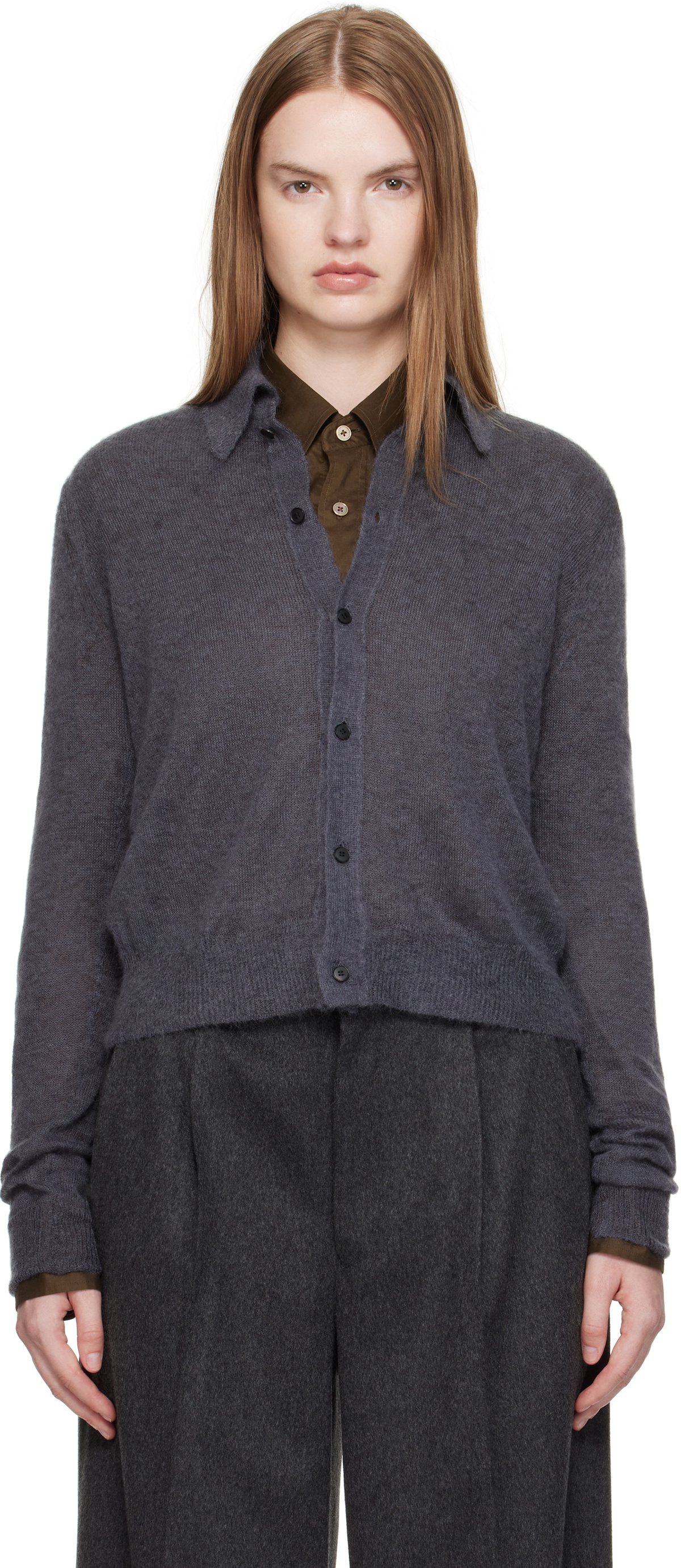 AURALEE Gray Kid Mohair Sheer Knit Shirt Cardigan