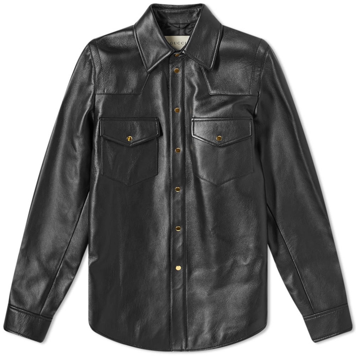 Photo: Gucci Embossed Logo Leather Shirt Jacket