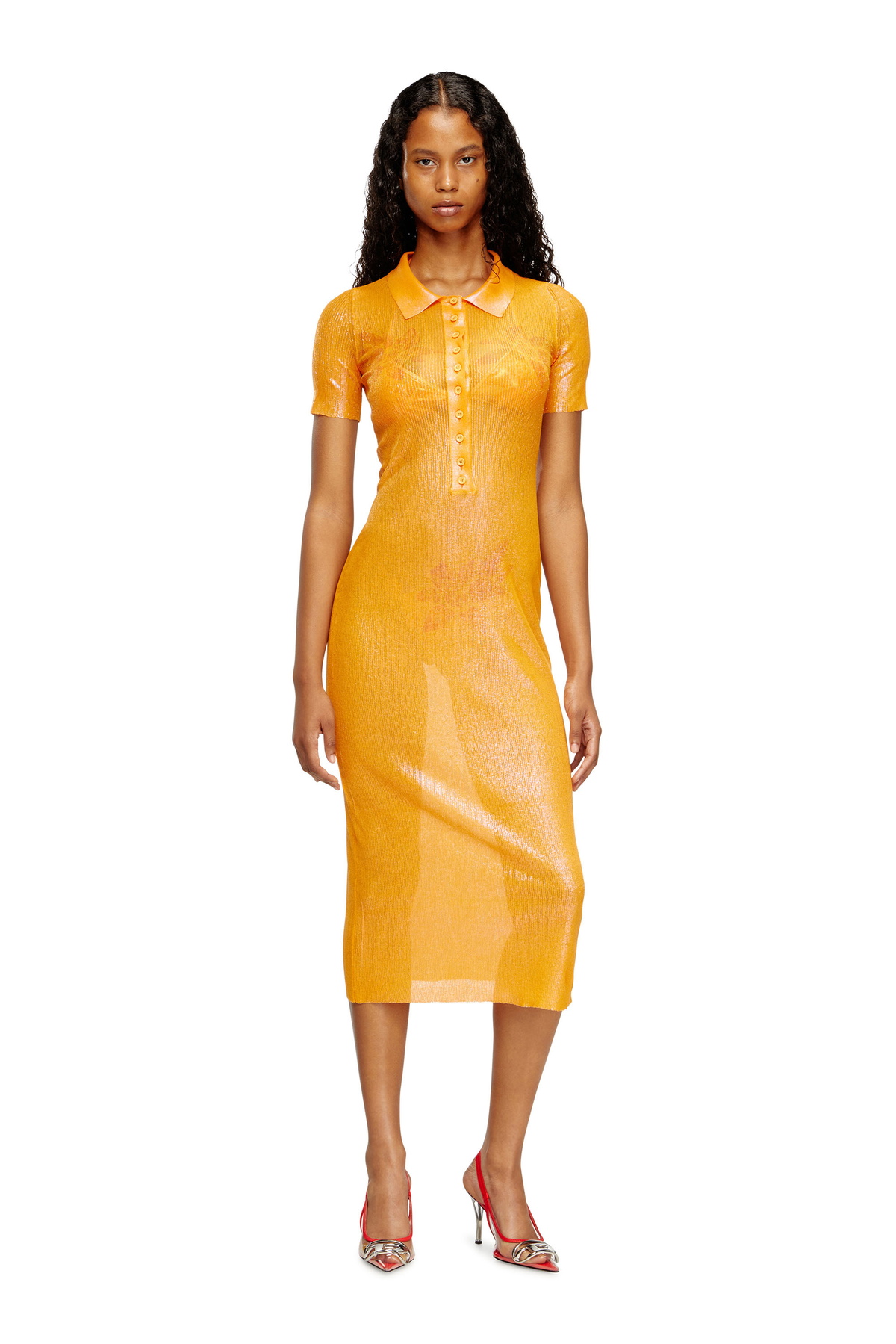 Diesel Iridescent knit polo dress with lotus print - Dresses Womens in Orange