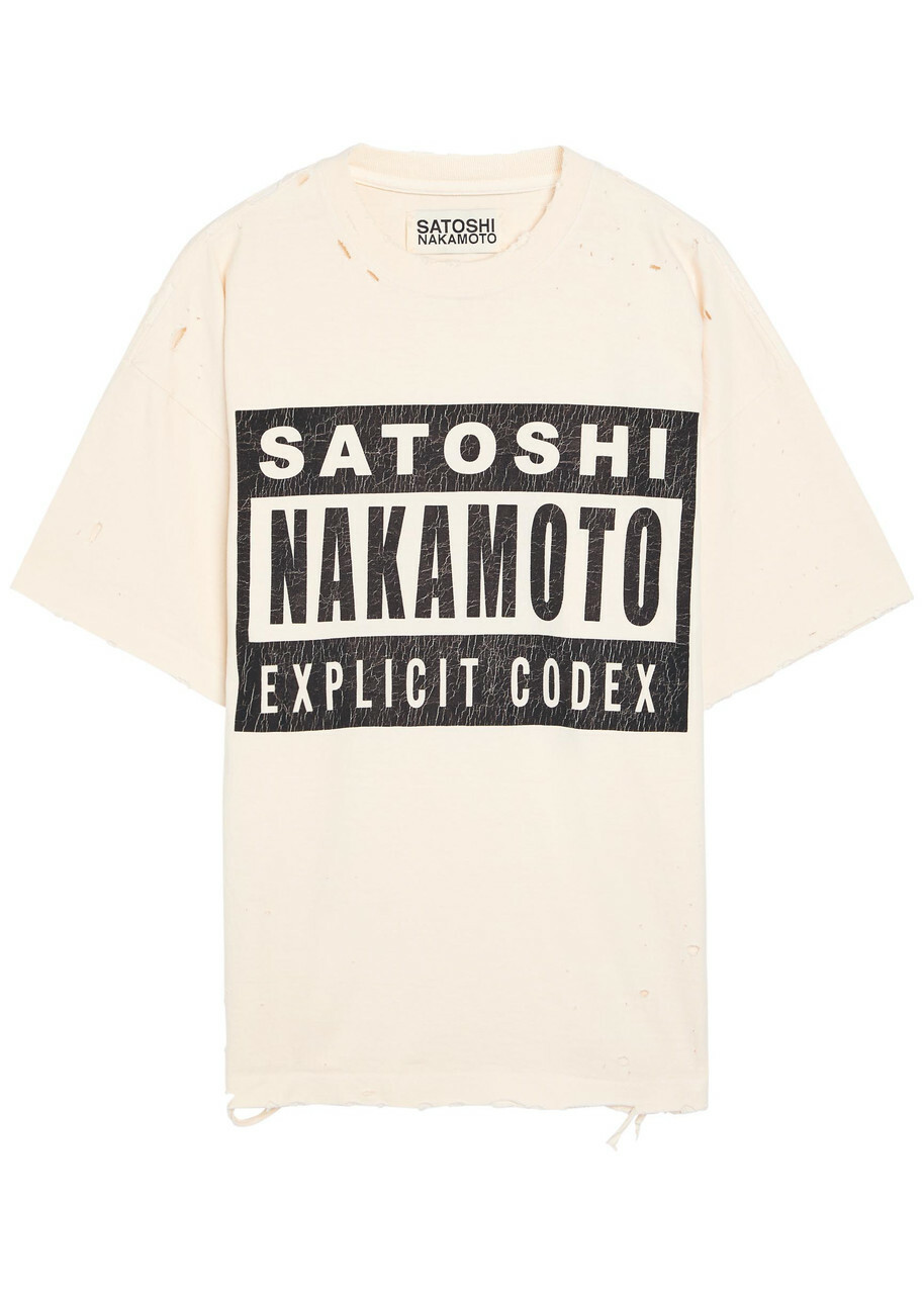 Satoshi Nakamoto Explicit Code Distressed Cotton T-shirt White