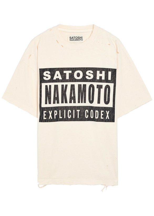 Photo: Satoshi Nakamoto Explicit Code Distressed Cotton T-shirt White