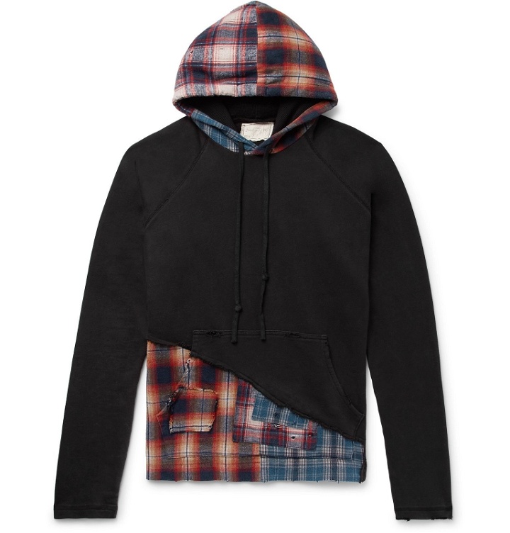Photo: Greg Lauren - Panelled Distressed Loopback Cotton-Jersey and Checked Cotton-Flannel Hoodie - Black