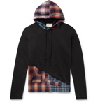 Greg Lauren - Panelled Distressed Loopback Cotton-Jersey and Checked Cotton-Flannel Hoodie - Black