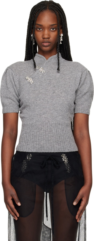 Photo: Simone Rocha Gray Embellished Mandarin Collar Cashmere Sweater