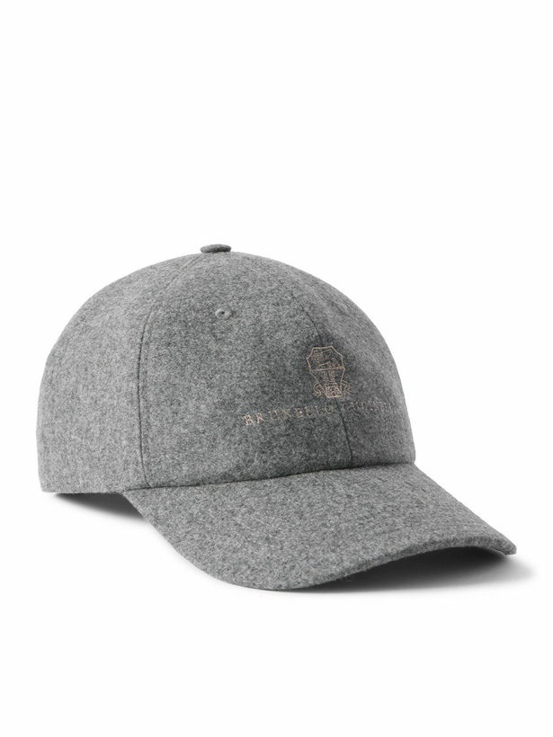 Photo: Brunello Cucinelli - Logo-Embroidered Leather-Trimmed Wool-Flannel Baseball Cap - Gray