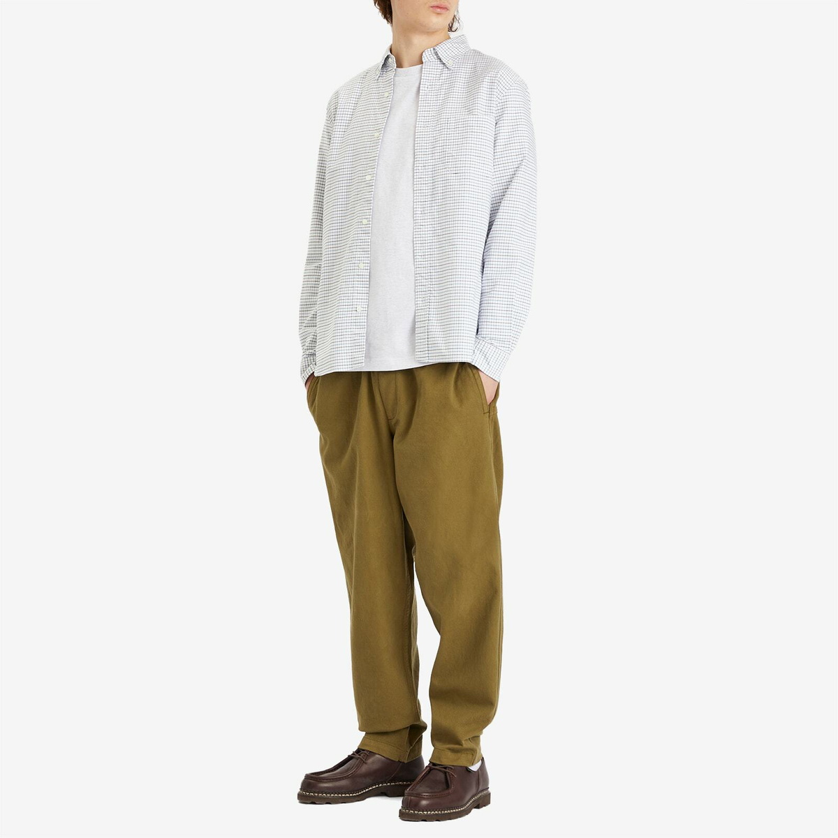 Beams Plus Men's Tattersall Check Button Down Oxford Shirt in White/Sax/Brown