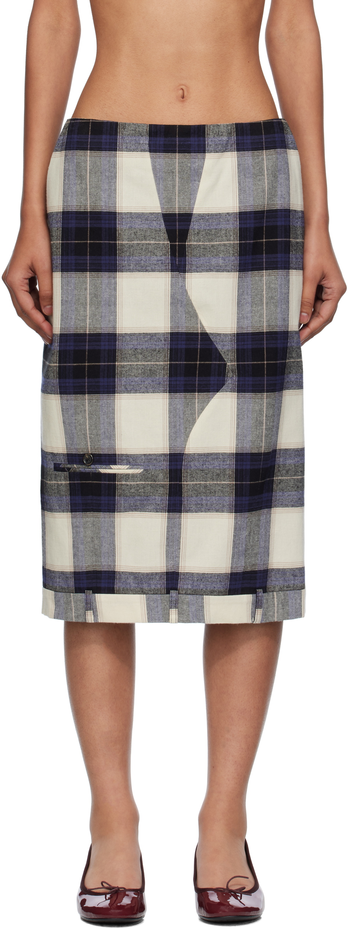 Pushbutton Multicolor Check Trousers Upside Down Midi Skirt
