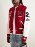 AMIRI - Appliquéd Embroidered Wool-Blend Twill and Leather Varsity Jacket - Red