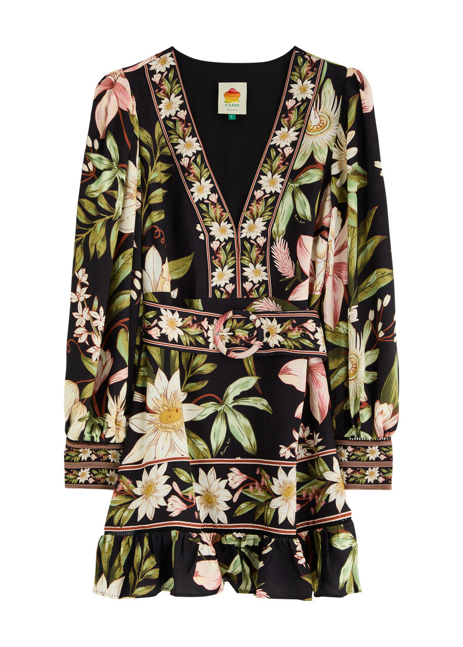 Farm Rio Floral-print Belted Mini Dress Black