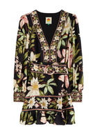 Farm Rio Floral-print Belted Mini Dress Black