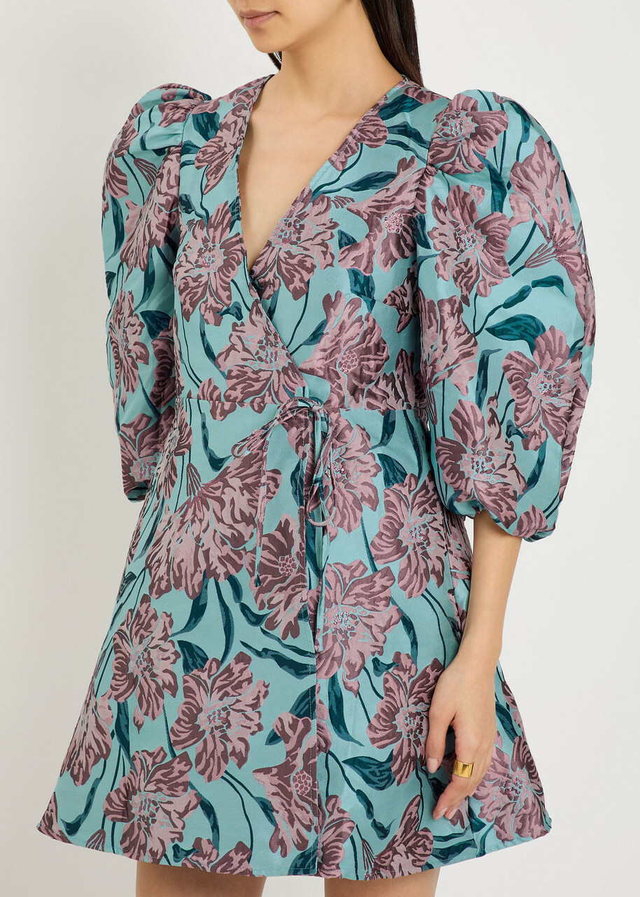 Sister Jane Deco Bloom Floral-jacquard Woven Mini Wrap Dress Blue