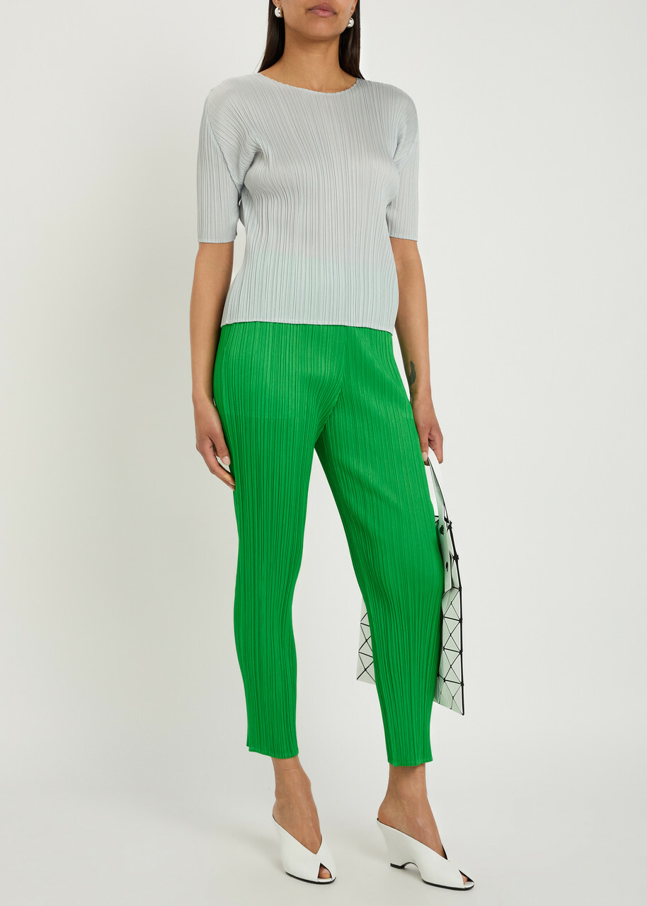 Pleats Please Issey Miyake Pleated Tapered-leg Woven Trousers Green