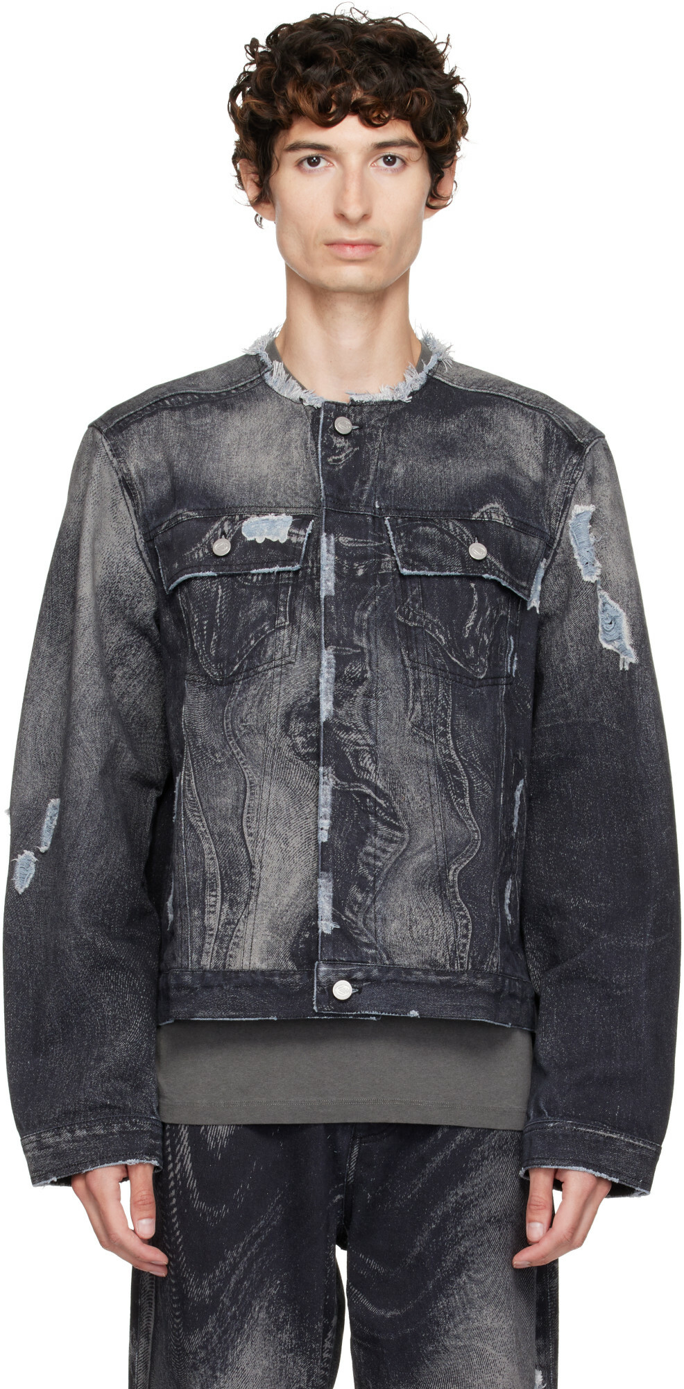 CAMPERLAB Black Distorted Print Distressed Denim Jacket