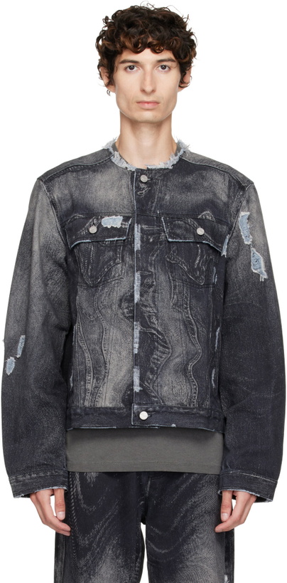 Photo: CAMPERLAB Black Distorted Print Distressed Denim Jacket