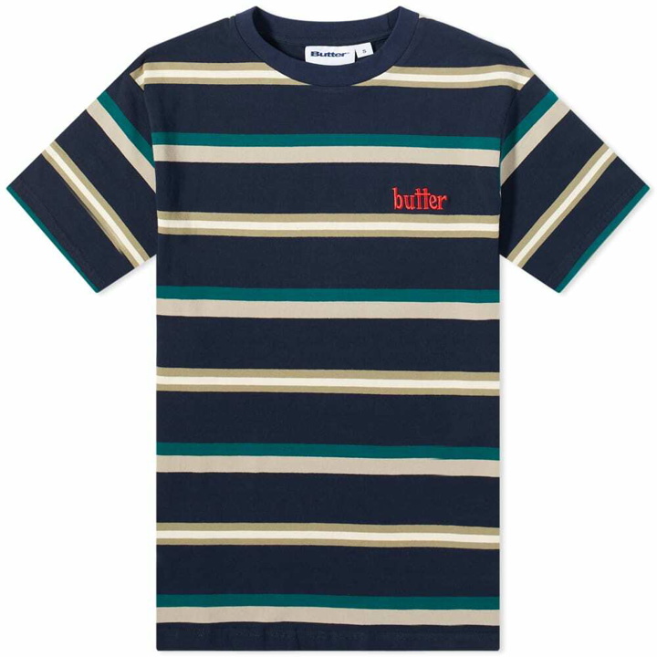 Photo: Butter Goods Men's Base Stripe T-Shirt in Navy/Khaki/Teal