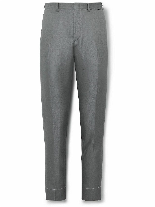 Photo: Brioni - Slim-Fit Cotton, Linen and Silk-Blend Twill Suit Trousers - Gray