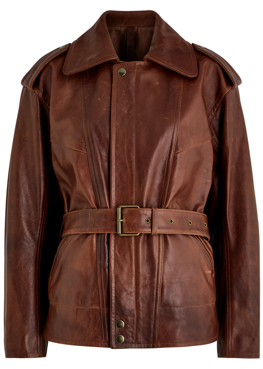Petar Petrov Superbad Distressed Belted Leather Jacket Dark Brown