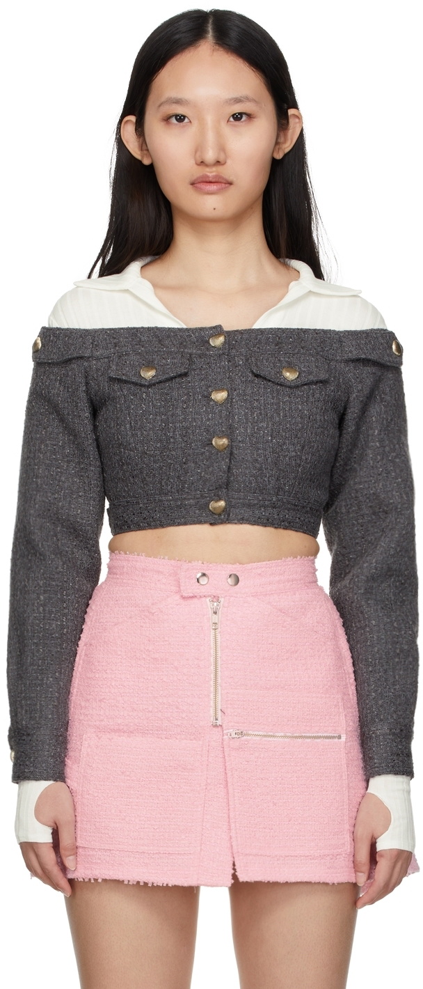 BONBOM Grey Cropped Off Shoulder Jacket