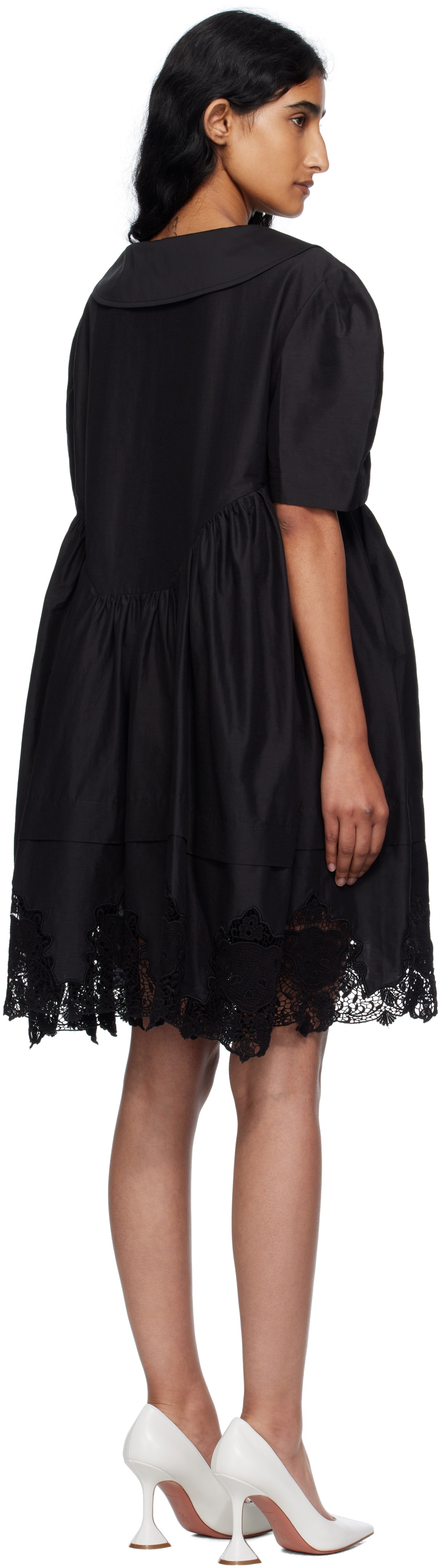 Pushbutton Black Lace Hem Puff Minidress