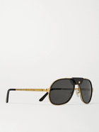 Cartier Eyewear - Aviator-Style Leather-Trimmed Gold-Tone and Acetate Sunglasses